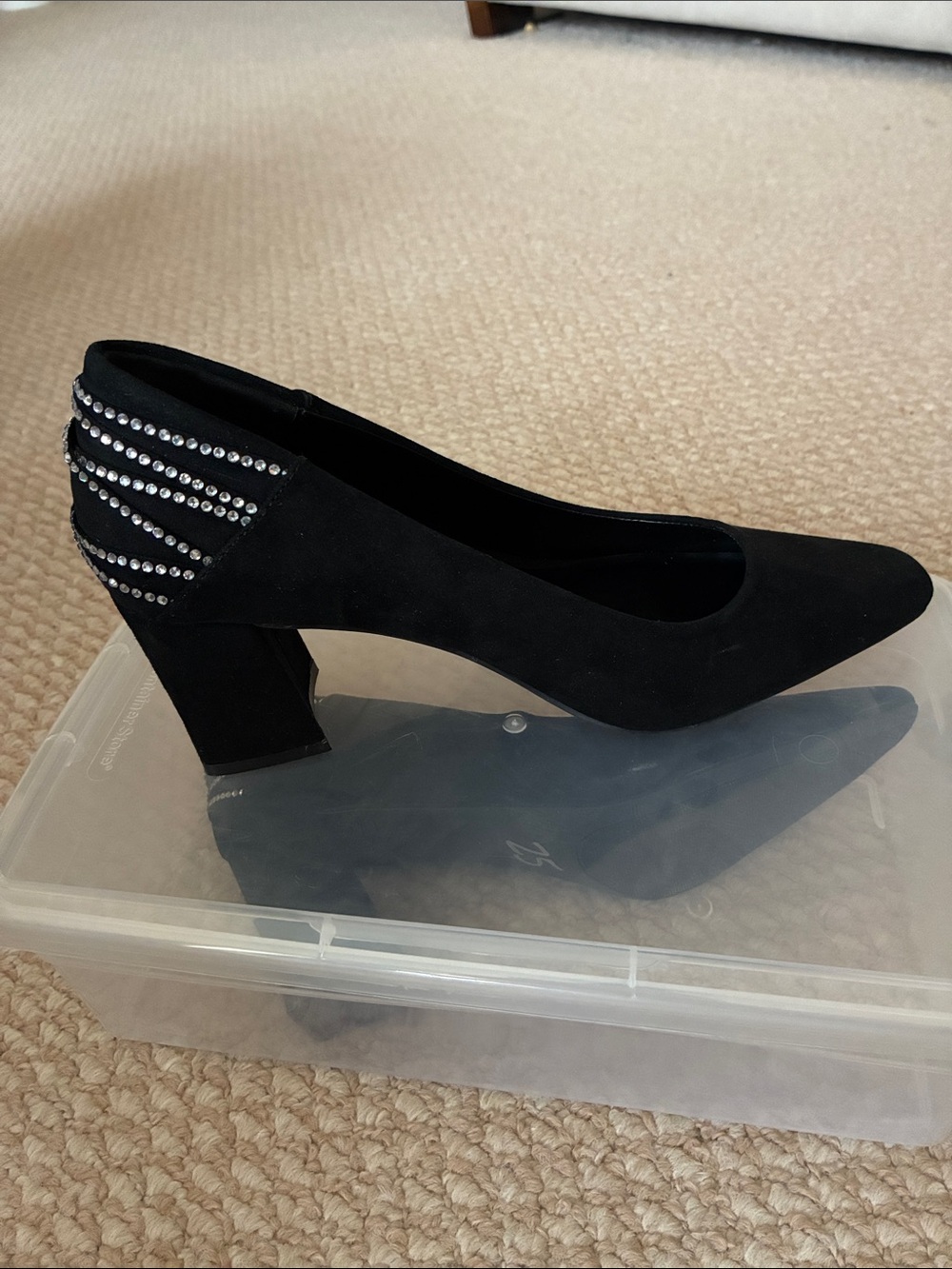 Jones New York Black Suede Block Heel Pumps with Rhinestone Straps
